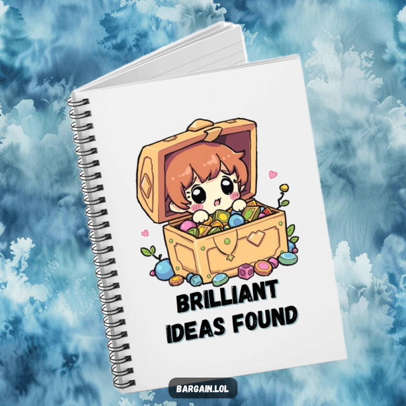 Funny notebook cover with a surprised character finding a treasure chest, inspiring exciting writing and note-taking. Excellent gift.