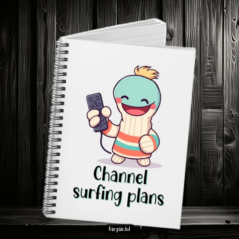 Funny sock puppet notebook, triumphantly holding a lost remote control, for writing and drawing, humorous funny gift.