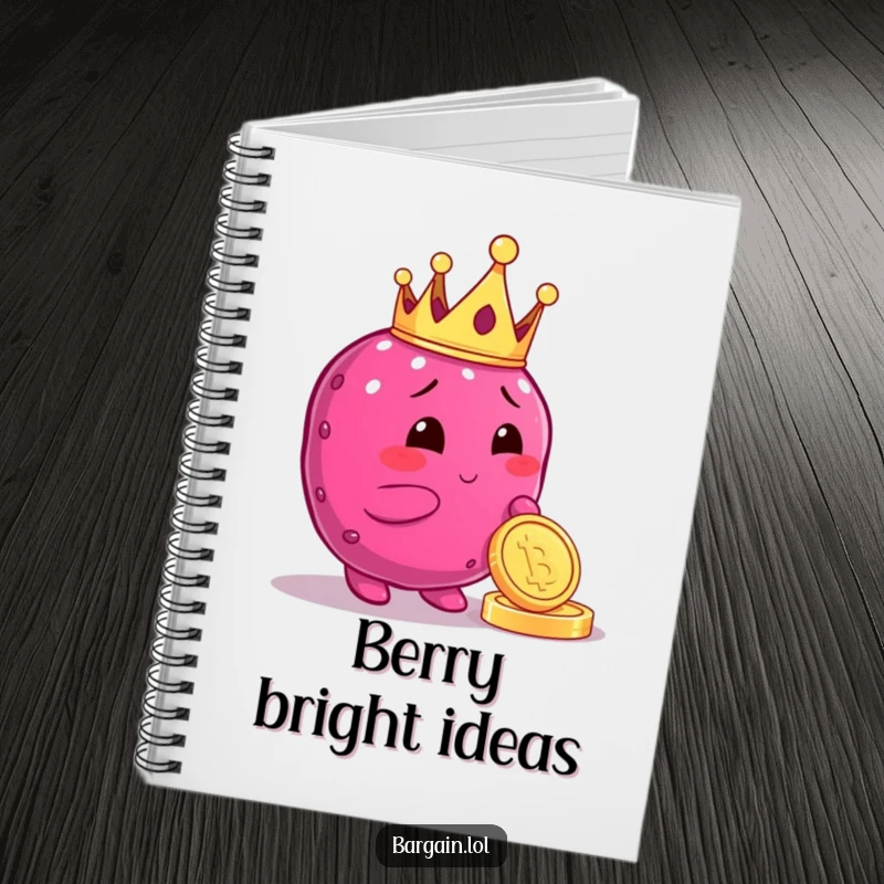 Funny notebook with a crowned plump berry character admiring a shiny coin, designed for recording treasured thoughts and brilliant ideas.