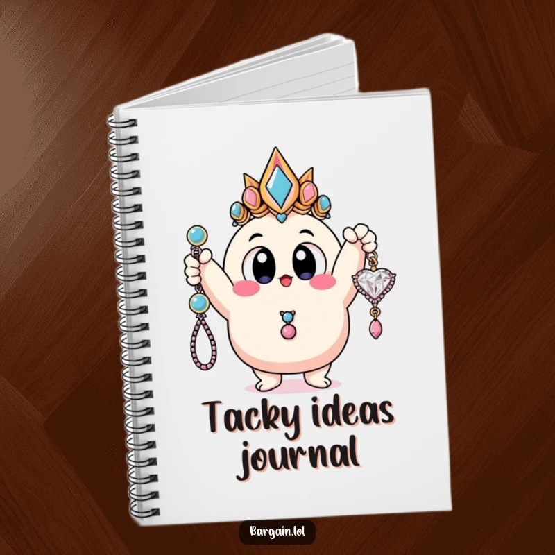 Funny notebook with a blobby character holding up a cheap, glittery piece of jewelry, ready for notes.