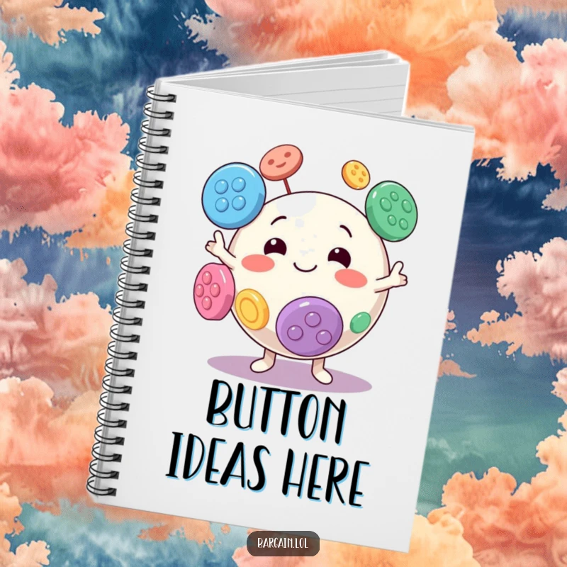 Funny notebook with a spherical character joyfully juggling oversized colorful buttons.