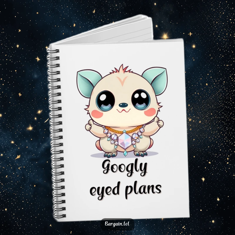 Funny notebook with a creature with huge googly eyes triumphantly holding a sparkly, cheap necklace.