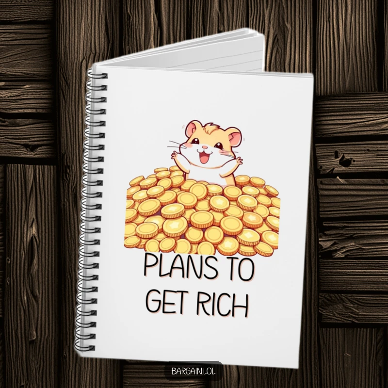 Funny tiny hamster diving into oversized, glittering coins, featured on a notebook cover for humorous note-taking and ambitious ideas.