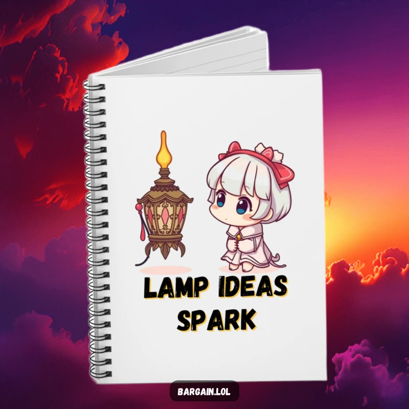 Funny notebook with a character's curious head tilt examining a bizarre, ornate lamp, inspiring creativity and whimsical thought.