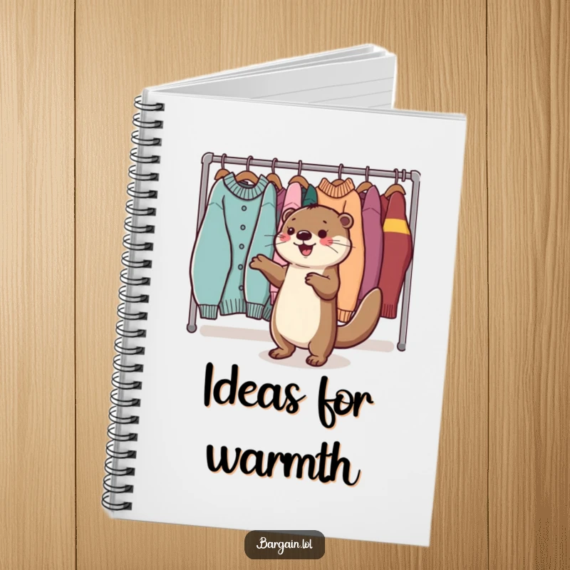 Funny Kawaii otter notebook showing a happy otter dancing near sweaters, great for writing and planning.