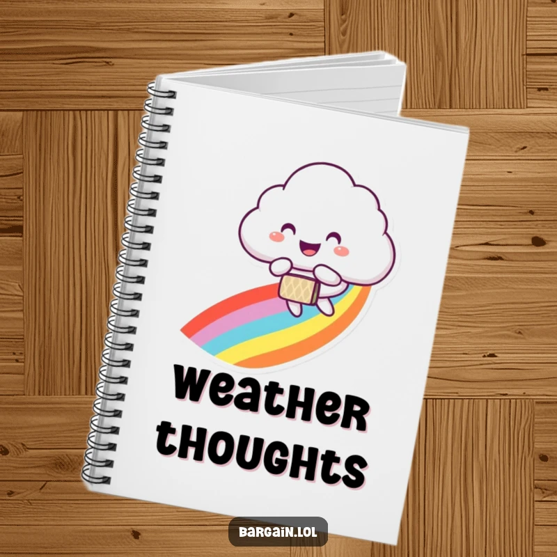 Funny notebook with a smiling cloud character joyfully floating down a rainbow trail, carrying a small patterned bag.