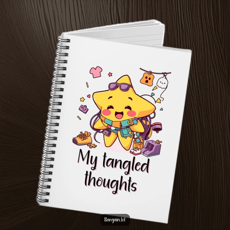 Funny notebook featuring a jolly star character tangled in colorful thrift store clothing, inspiring fashion ideas and humorous notes.