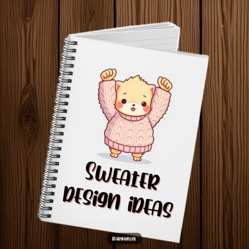 Funny notebook: A fuzzy character proudly holding a large knitted sweater, inspiring thoughts and humorous ideas.