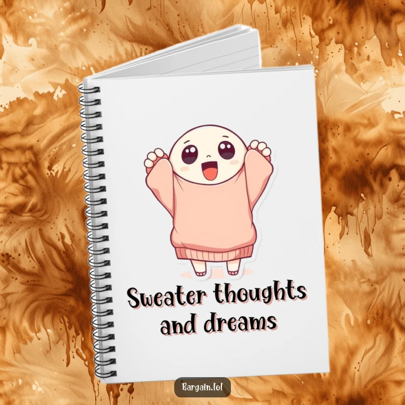 Funny round character with big eyes holding a tattered, oversized sweater, featured on a notebook cover for a humorous writing experience.