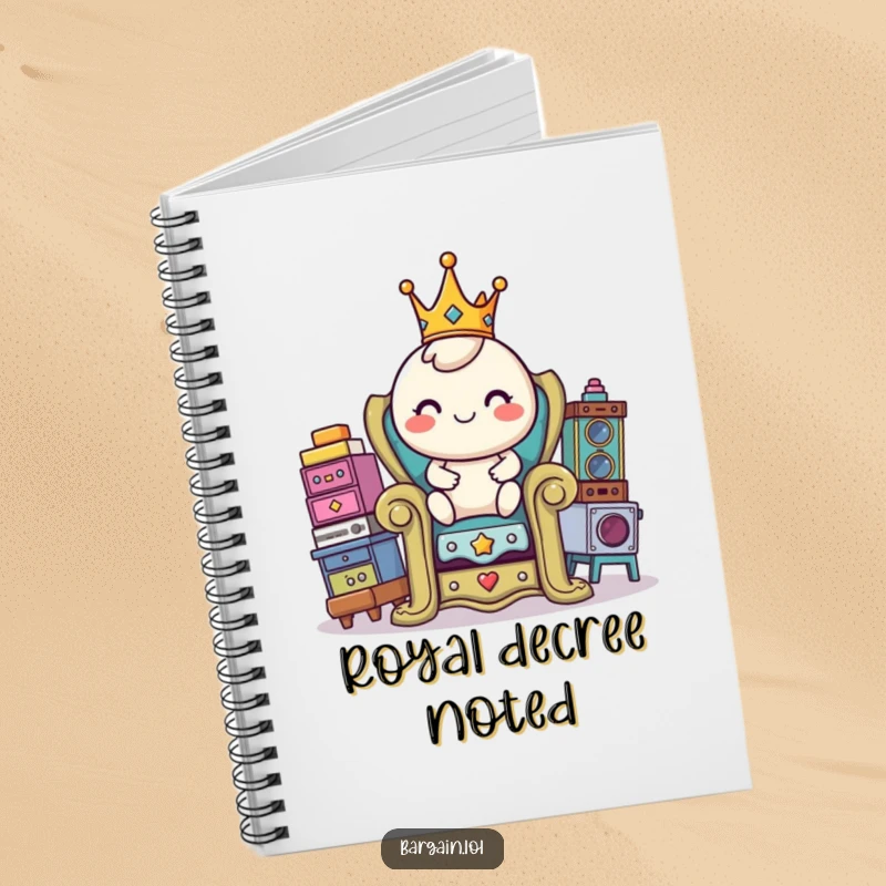 Funny notebook with a round, crowned character sitting on a throne of thrift store items, ready for notes.