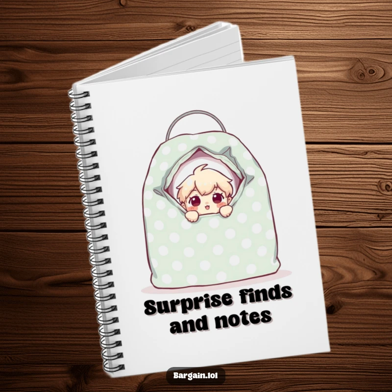 Funny tiny character peeking from a giant polka-dotted thrift bag with surprised eyes, featured on a notebook cover for humor.
