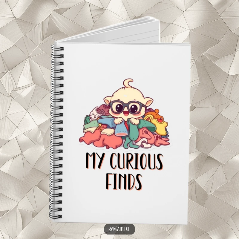 Funny notebook with a whimsical creature wearing big glasses, digging through clothes, ready for notes.