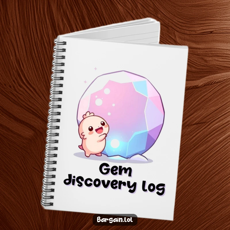 Funny notebook: A small, round creature overjoyed by discovering a large, glittering gem, inspiring creativity with humor.