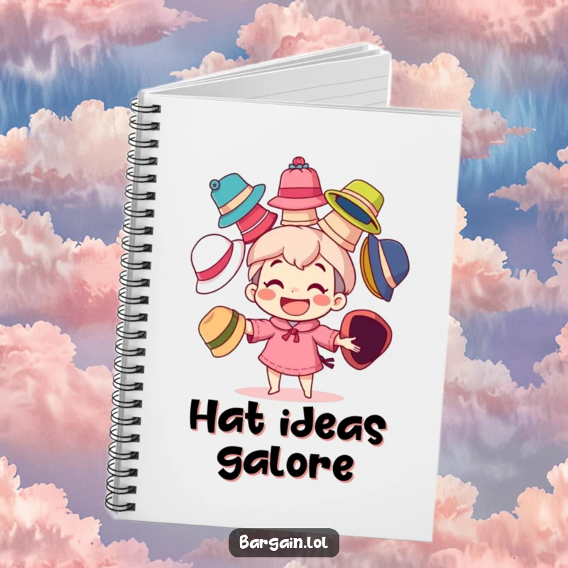 Funny notebook with a character's big grin playfully juggling numerous mismatched, colorful hats, inspiring creativity and joyful expression.
