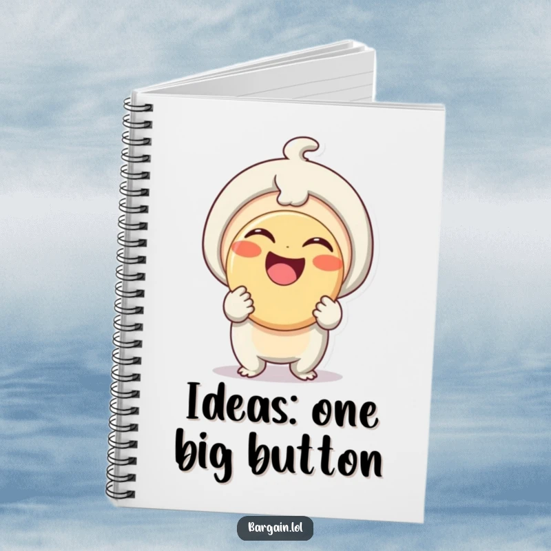 Funny Notebook: A small, delighted being proudly holds a comically large button, ready to capture funny thoughts and ideas.