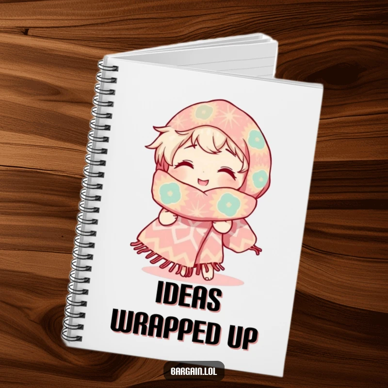 Funny notebook with a character's radiant smile admiring an enormous, uniquely patterned scarf, inspiring creativity and cheerful observation.