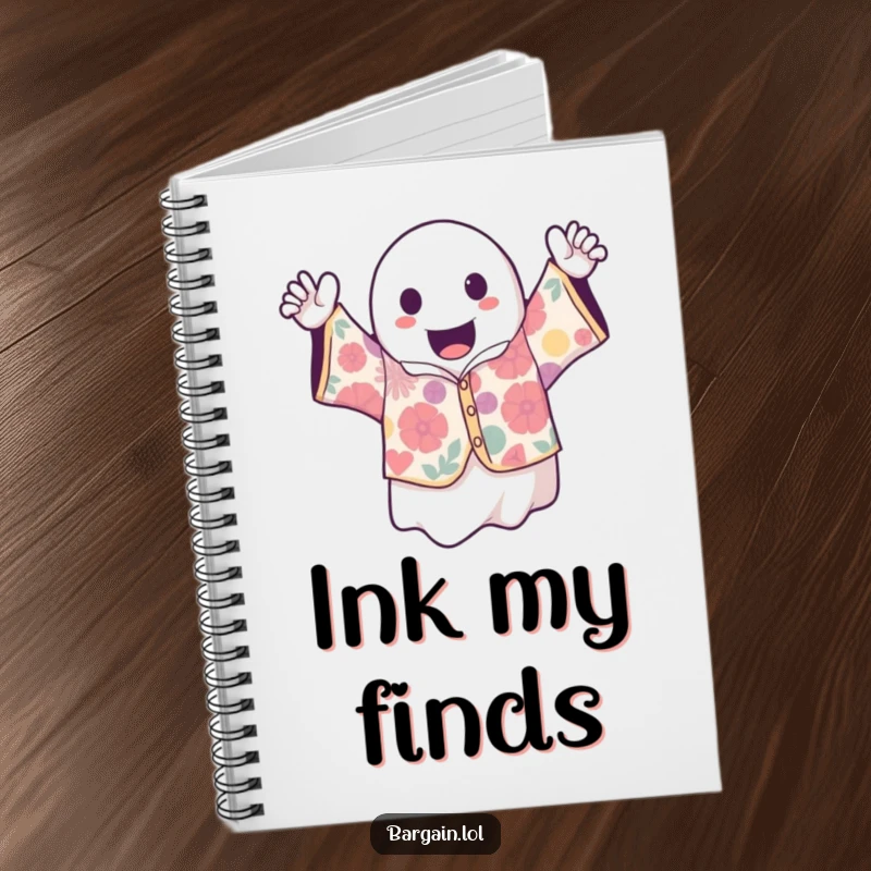 Funny kawaii ghost proudly displaying a wild vintage shirt, a notebook for capturing creative ideas and spooky musings.