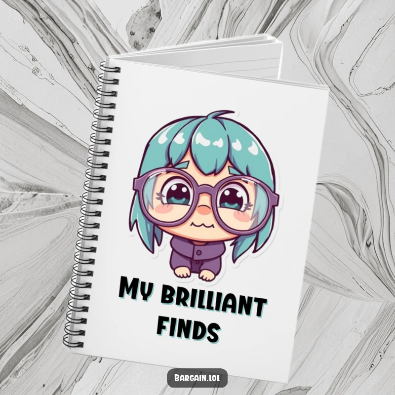 Funny Notebook: Character with quirky glasses looking at a cheap price tag, for recording deals.