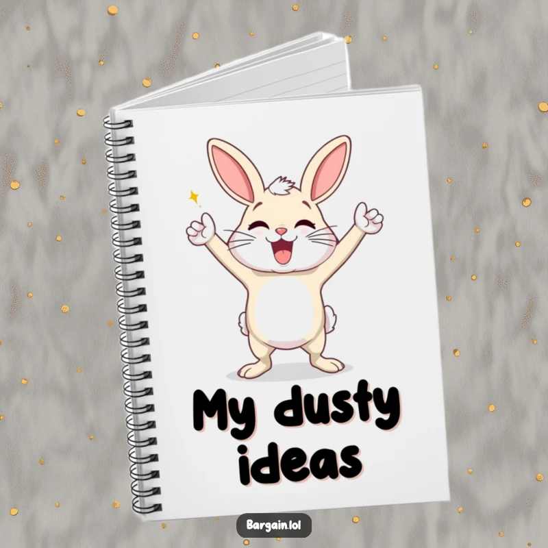 Funny notebook with an exaggeratedly happy dust bunny doing a triumphant victory dance, encouraging cheerful and celebratory note-taking.