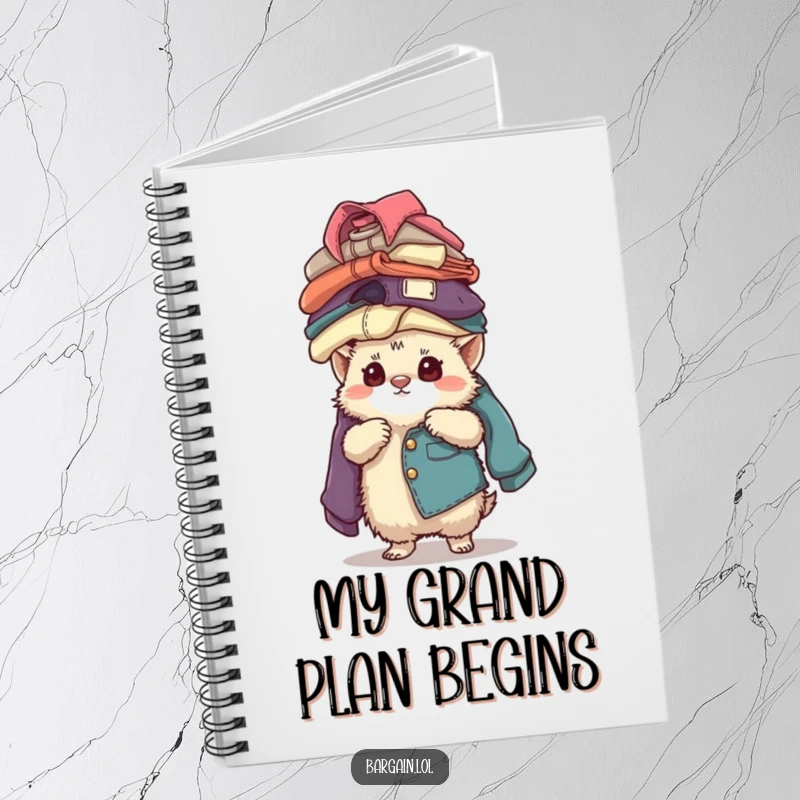 Funny fuzzy creature concentrating while balancing a tall stack of vintage clothing, featured on a notebook cover.