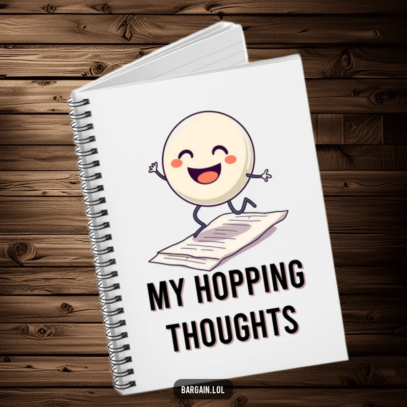 Funny notebook with a smiling button character with legs hopping excitedly over a discarded crumpled receipt, encouraging cheerful and creative writing.