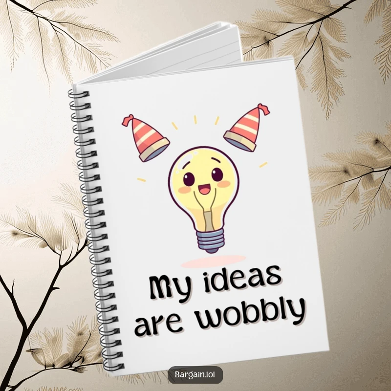 Funny surprised lightbulb notebook, juggling three wobbly hats, for writing and brainstorming, humorous funny gift.