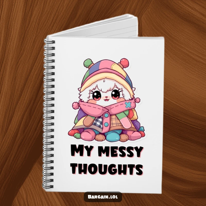 Funny notebook, fluffy character peeking from a mountain of colorful clothes, for writing fashion ideas.