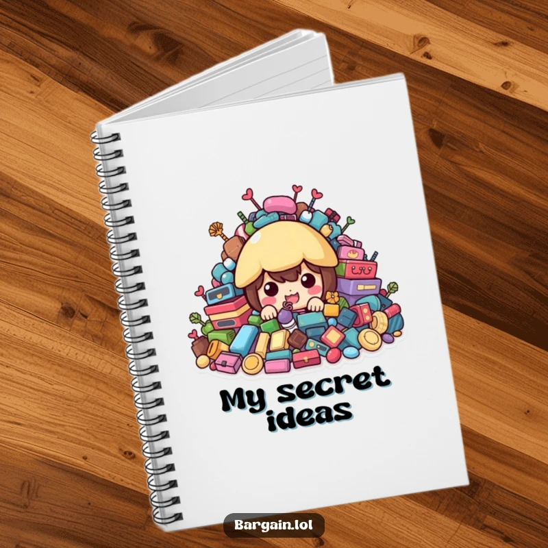 Funny Notebook: Character peeking from behind colorful second-hand treasures, for recording finds.