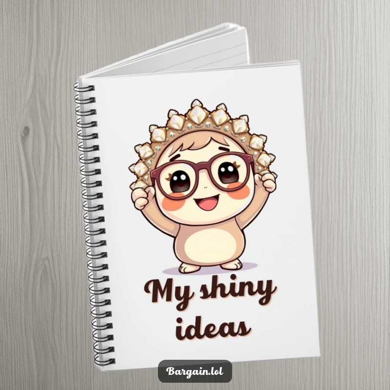 Funny notebook, round character with tiny glasses holding a large sparkly brooch, for writing ideas.
