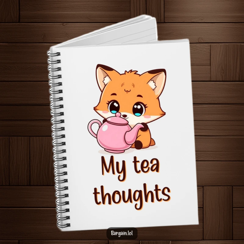 Funny Kawaii fox notebook showing a fox with wide eyes admiring an affordable, quirky teapot, great for writing.