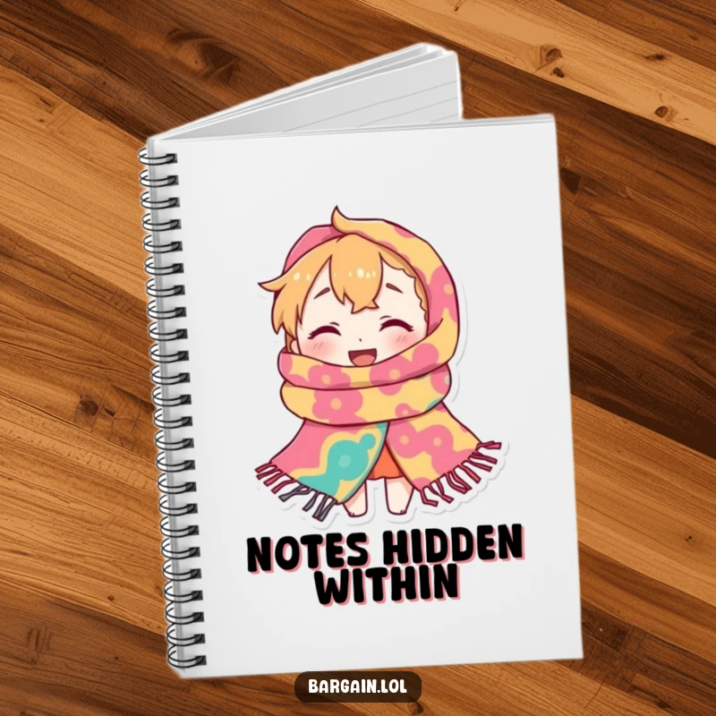 Funny Notebook: A tiny character is depicted joyfully engulfed by a ridiculously large, colorful scarf, perfect for capturing cozy thoughts.