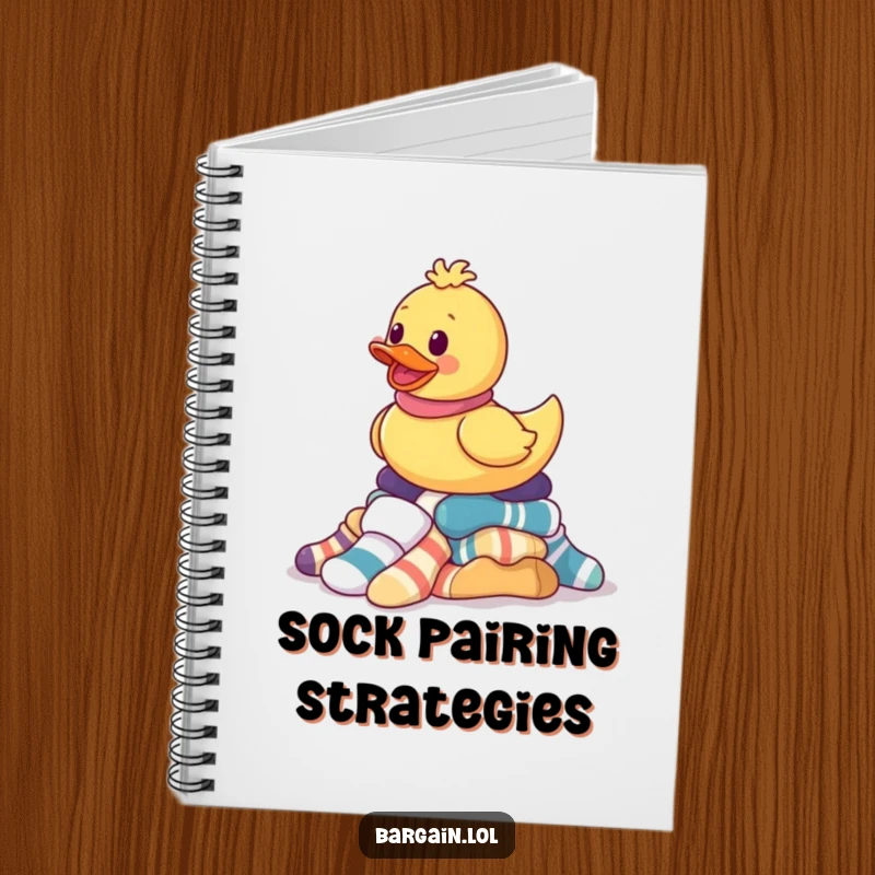 Funny notebook with a rubber ducky gleefully balancing mismatched socks, perfect for jotting down thoughts and humorous lists.