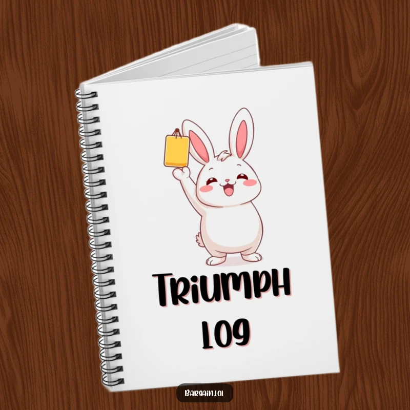 Funny notebook with a chubby bunny character holding a single, brightly colored bargain item triumphantly.