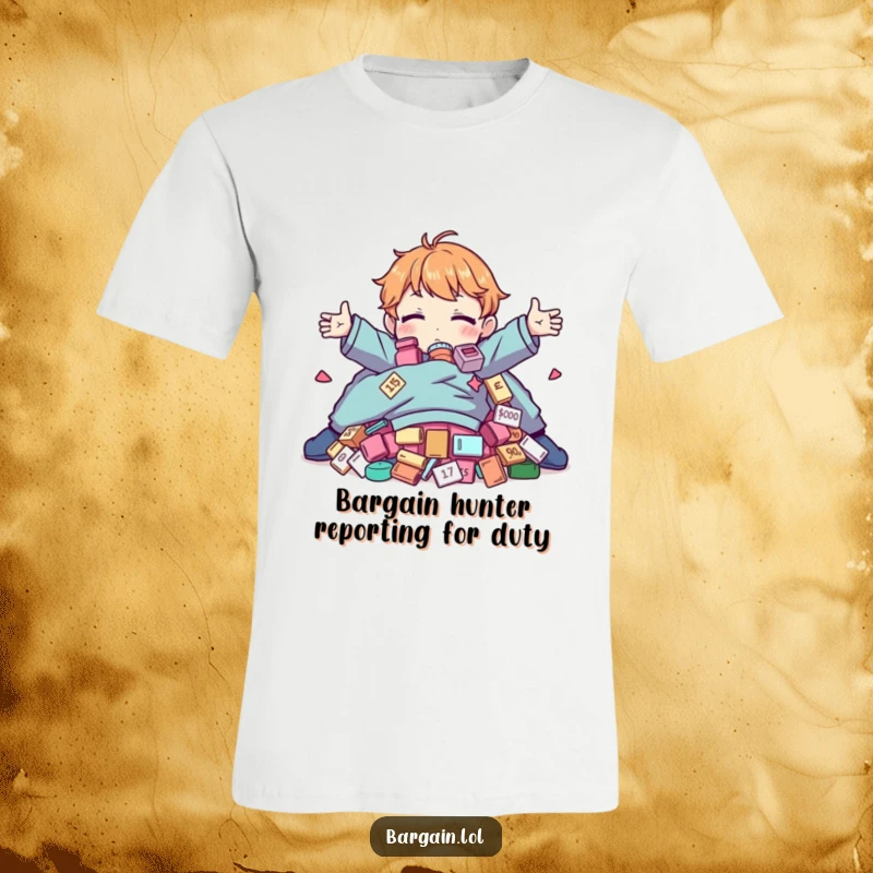 Funny T-Shirt: Character with arms wide, hugging a massive pile of absurd, discounted clothes, expressing shopping delight.