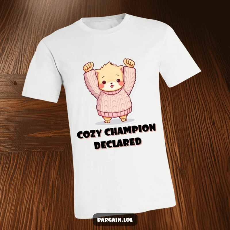 Funny t-shirt: A cute, fuzzy companion holding up a ridiculously big knitted sweater, a humorous statement piece.