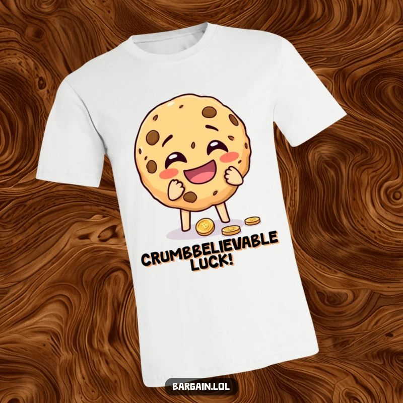 Funny cheeky cookie crumbling with laughter while holding a dropped coin on a t-shirt. A humorous and sweet design.