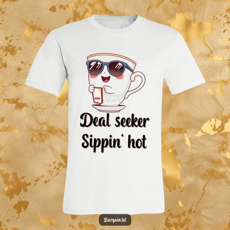 Funny giggling teacup wearing sunglasses and holding a tiny coupon clip on a t-shirt. A humorous and stylish design.