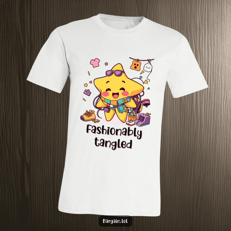Funny t-shirt featuring a jolly star character comically caught in a heap of colorful thrift store clothes and accessories.
