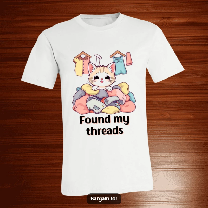 Funny kawaii kitten peeking gleefully out of a messy pile of vibrant, colorful second-hand clothing, celebrating thrift store treasures.