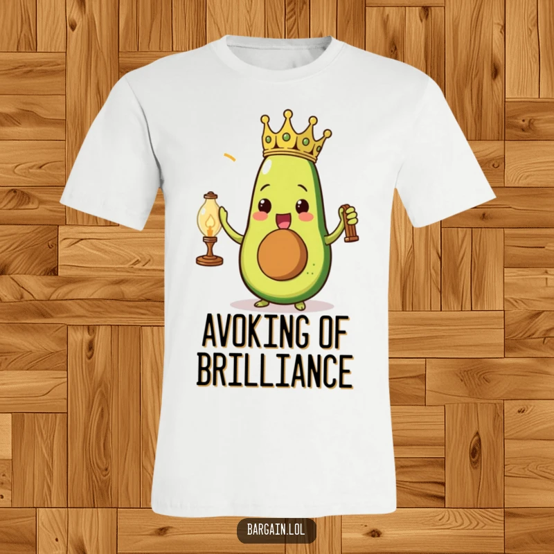 Funny triumphant avocado wearing a paper crown holding a dusty vintage lamp on a t-shirt.