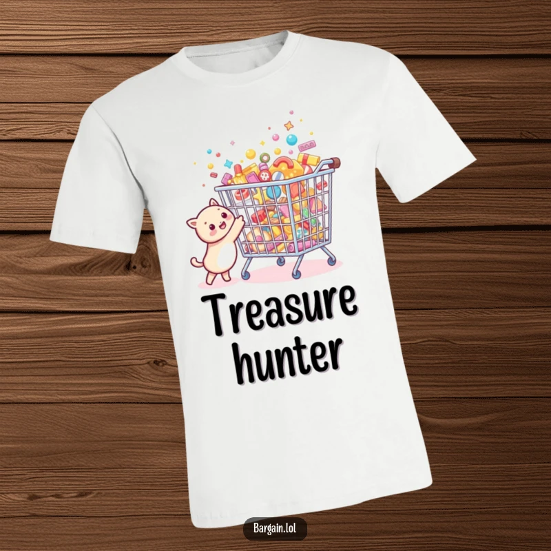 Funny Bargain Hunter T-Shirt showing a tiny creature joyfully pointing at a comically oversized, sparkling bargain bin filled with tiny treasures.