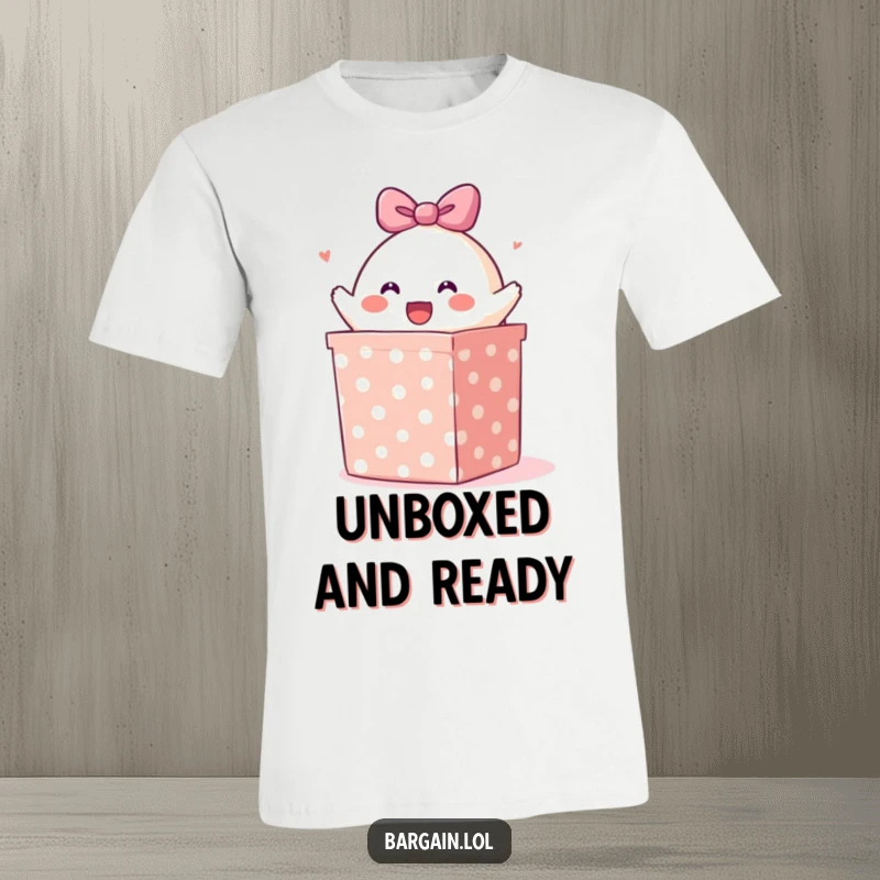 Funny t-shirt: A smiling blob character erupting from a large, polka-dotted gift box with energy and humor.