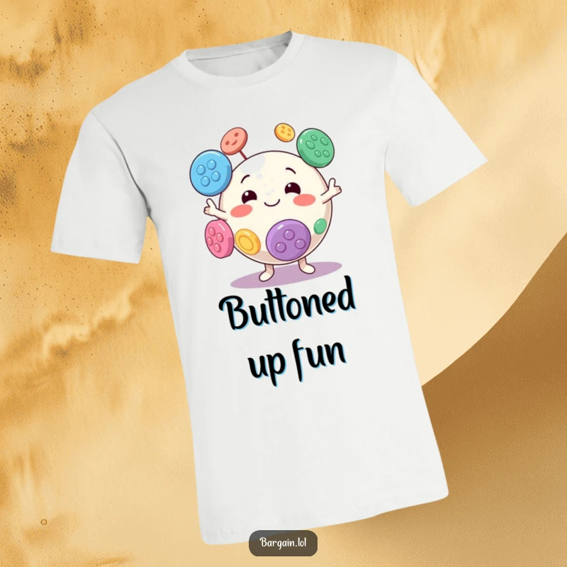 Funny t-shirt of a spherical character goofily juggling oversized, bright buttons.