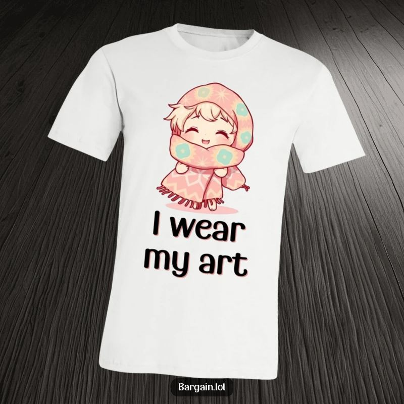 Funny t-shirt featuring a character with a radiant smile, happily admiring a ridiculously large, uniquely patterned scarf, celebrating grand style.