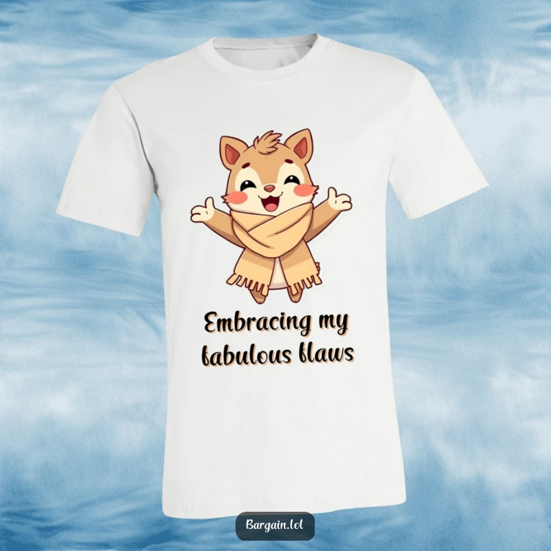 Funny T-Shirt: A joyful creature with arms wide open adores a fashionable, slightly worn scarf, a celebration of imperfect style.