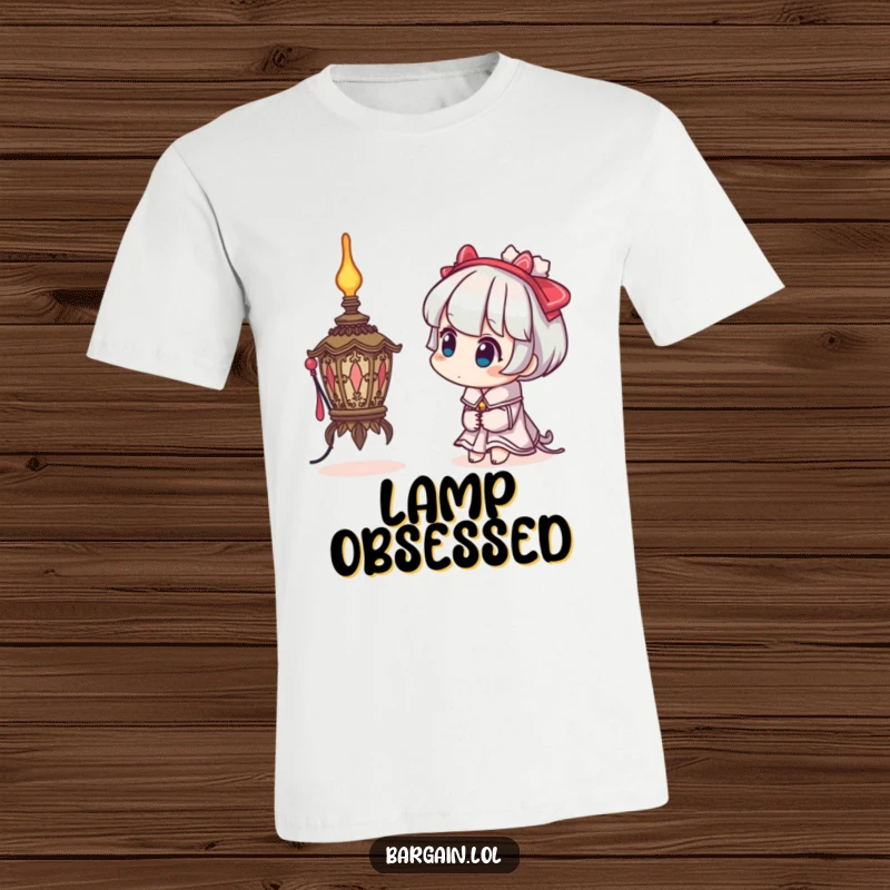 Funny t-shirt featuring a character with a curious head tilt, examining a bizarre, ornate lamp, celebrating intriguing design.