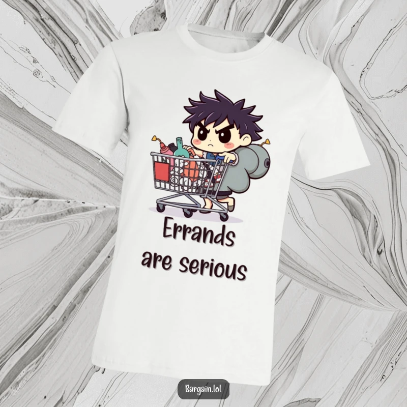 Funny t-shirt, determined character pushing an oversized shopping cart loaded with odd and unusual items.