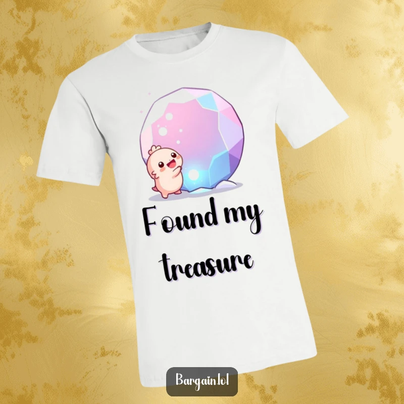 Funny t-shirt: A small, round creature ecstatic over finding a giant, dazzling gem, perfect for adding humor to your outfit.