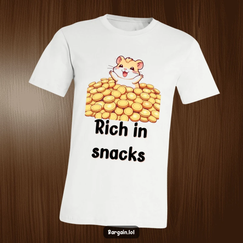 Funny tiny hamster gleefully plunging into a massive pile of glittering coins, depicted on a comfortable, humorous t-shirt.