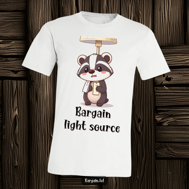 Funny Kawaii badger t-shirt depicting a badger comically surprised by an inexpensive lamp price, perfect for thrifty shoppers.